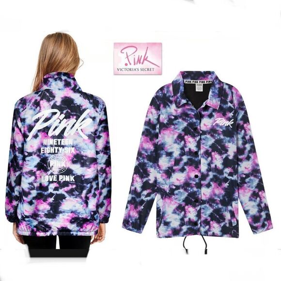 NWT Gorgeous Victoria's Secret S Pink Snap Front Coach Jacket Anorak Tie Dye New - Picture 1 of 11